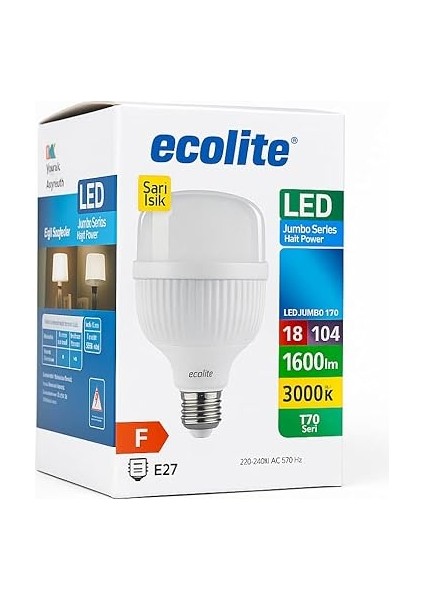 18W Jumbo LED Ampul, 3000K Sarı Işık, 1600 Lümen, 104W Eşdeğer, E27 Duy, 220V, Dimmer Uyumsuz, F Enerji Sınıfı fırsatları
