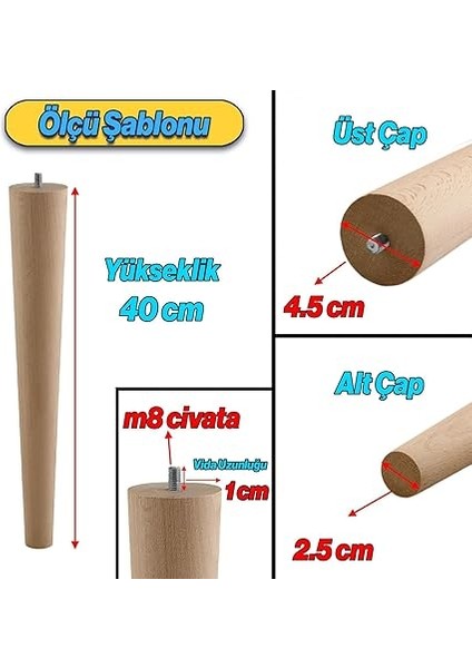 Ahşap Mobilya Ayağı 4 Adet Aparatlı 40 cm Sehpa Zigon Orta Masa Puf Tabure Tv Ünitesi Ayakları M8 fiyatları