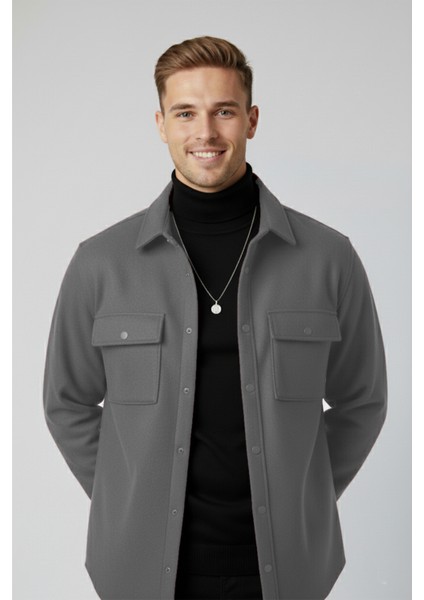 Erkek Antrasit Dar Kesim Cepleri Kapaklı Çıtçıtlı Ince Kaşe Ceket Mont 2500559