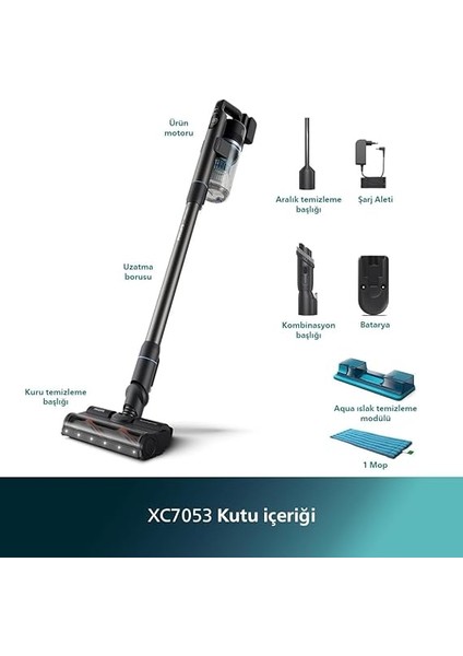 7000 Serisi Kablosuz Elektrikli Süpürge – Powercyclone 12, 80 Dakika Kullanım Süresi, Islak Temizlik Için Aqua Modül, Anti-Alerji Filtre, El Süpürgesi Modu, 5 Yıl Garanti (XC7053/01) modelleri