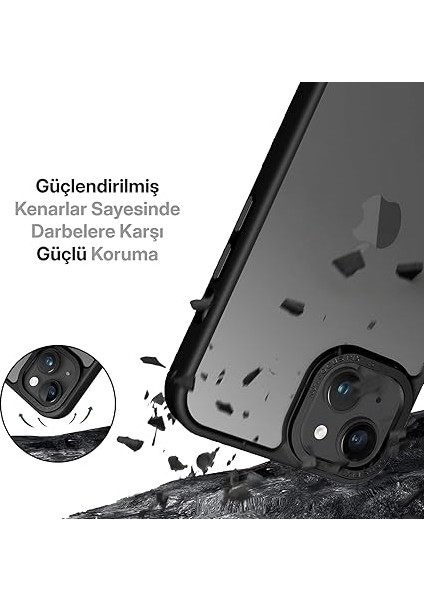 iPhone 13 ve 14 Için Mat Hybrid Materyal Metal Kamera Korumalı ve Metal Tuş Takımlı Ultra Güçlü Koruma Sağlayan ve Şık Görünümlü Premium Kılıf (Siyah, 13-14) modelleri