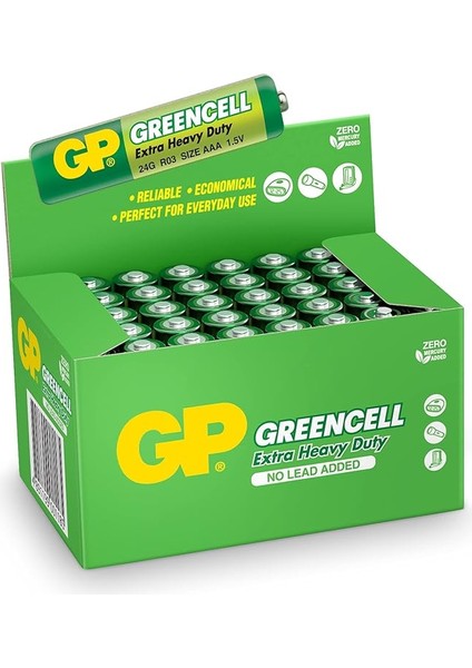 Batteries GP24G Greencell R03/1212/AAA Ince Pil, 1.5 Volt, 40'lı Kutu, Yeşil/sarı/beyaz