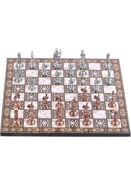 Orta Boy Metal Roma Satranç Takımı Antik ve Sedef Desenli Mdf Ahşap Satranç Tahtası (37X37 Cm.)