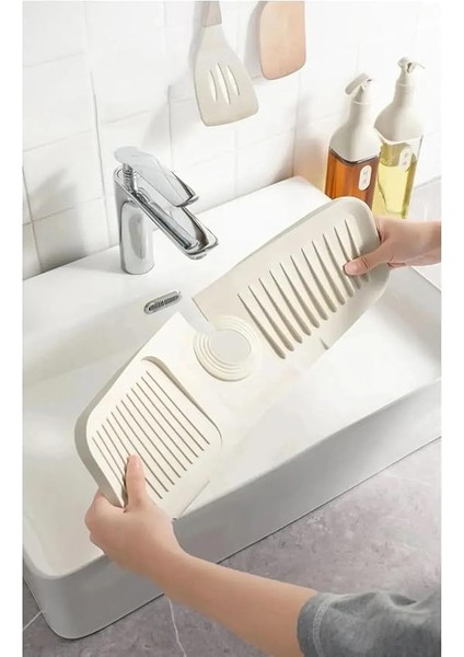 Krem Elastik Musluk Matı Su Tutucu Düzenleyici Kaydırmaz Taban Organizer Mutfak