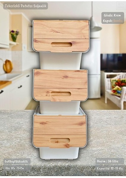 Home 3'lü Bambu Renk Tekerlekli Patateslik Soğanlık Oyuncak Kutusu Patates Soğan Sepeti Motek 12 Lt modelleri