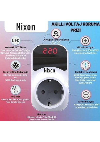 Premium Serisi 210/280 V 16 Amper Gerilim ve Volltaj Korumalı 2 Yıl Garantili Dijital Ekranlı Priz indirimleri