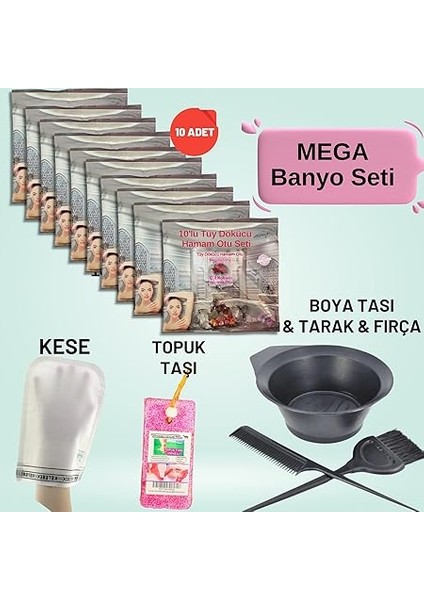 10 Paket Hamam Otu Toz Tüy Dökücü + Boya Kabı + Tarak + Fırça + Hamam Kesesi + Topuk Taşı Banyo Seti fiyatları