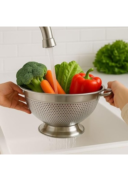 304 Paslanmaz Çelik Süzgeç - Kulplu & Ayaklı Tasarım | Makarna, Sebze ve Meyve Yıkama Kabı - Delikli, Bulaşık Makinesine Uygun modelleri