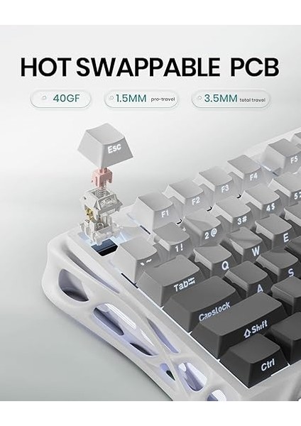 Mercury K1 Rgb Kablosuz Mekanik Gaming Klavye, Alüminyum Çerçeveli, Ingilizce Q, Beyaz indirimleri