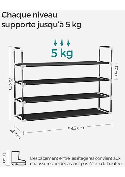 4 Katlı Ayakkabı Rafı, Antre Dolabı Için Ayakkabı Saklama Çözümü, Ince ve Yer Tasarrufu Sağlayan, Metal Çerçeve, Dokuma Olmayan Kumaş Raflar, Siyah LSH054B01 modelleri
