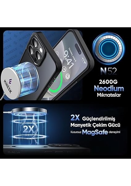 iPhone 13 ve 14 Için Mattmag Serisi Magsafe ile Uyumlu Kablosuz Şarj Destekli Arkası Mat Silikon Kılıf Yükseltilmiş Lens Çerçeveli ve Metal Tuş Takımlı Ultra Güçlü Koruma Kılıf (Siyah, 13-14) fiyatları