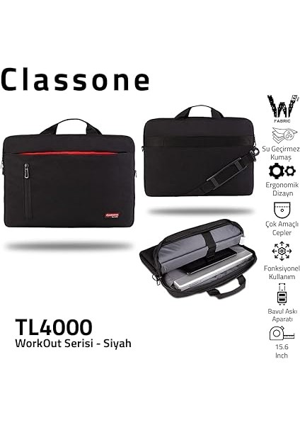 TL4000 Workout 15.6" Su Geçirmez Kumaş ,macbook Mac Air, Notebook, Laptop El Çantası-Siyah fiyatları