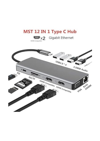 12IN1 Dock Station 2 Adet HDMI Uyumlu 1000 Mbps 4K USB C Adaptörü USB 3.0 VGA RJ45 Pd Için Macbook Pro Tipi C Docking Dizüstü Yer Yapma Istasyonları Type-C Adaptör ZR610 modelleri