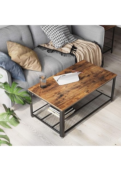 Sehpa, 2 Katlı Oturma Odası Masası, Izgara Raflı, Tv Masası, Metal Çerçeve, Ayarlanabilir Ayaklar, Oturma Odası Için, Endüstriyel Tarz, Vintage Kahverengi/siyah LCT61X fırsatları