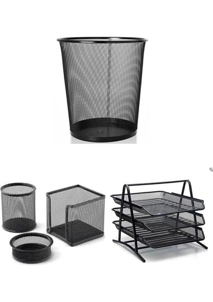 Metal Ofis Seti Çöp Kovası+ Evrak Rafı + Masa Seti 3'lü Fx