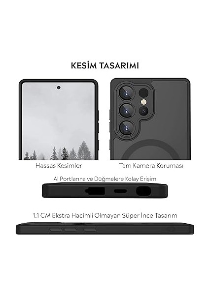Samsung Için Kılıf Kamera Korumalı Mag-Safe Wireless Şarj Özellikli Mat Şeffaf Renkli Kılıf (Siyah, Galaxy S25 Ultra) fırsatları