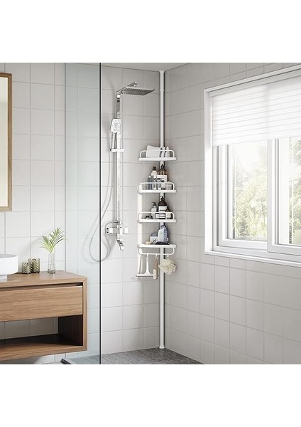 Duş Rafı, 85 – 305 cm Yüksekliği Ayarlanabilir, 4 Tepsili Banyo Rafı, Duş Köşesi, Delme Gerektirmez, Beyaz BCB001A fiyatları