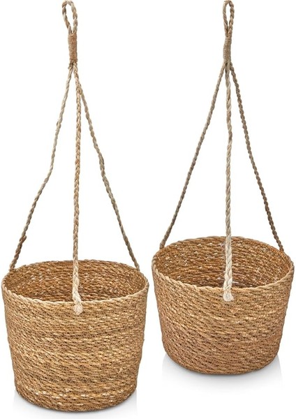 2'li Asılabilir El Yapımı ve Doğal Yuvarlak Hasır Saksılık Seti, 2'li Ipli Asılabilir Hasır Yuvarlak Saksı Seti (23CM*18CM-20CM*15CM)