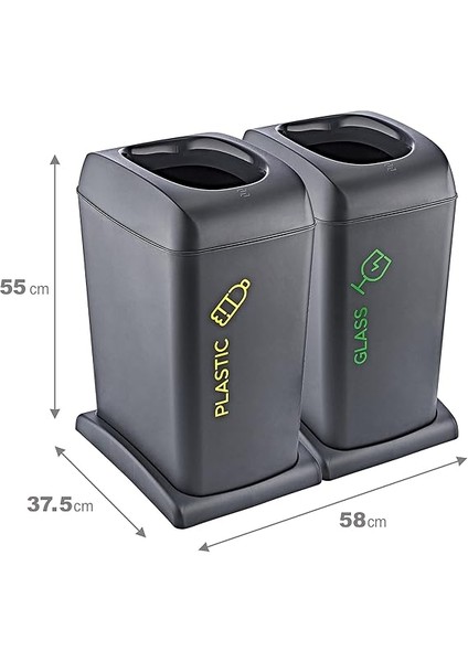 2'li Set Soft Tekerlekli Cam-Plastik Geri Dönüşüm Kutusu 40 Lt - Antrasit, Çok Amaçlı Geri Dönüşüm Kutusu fiyatları