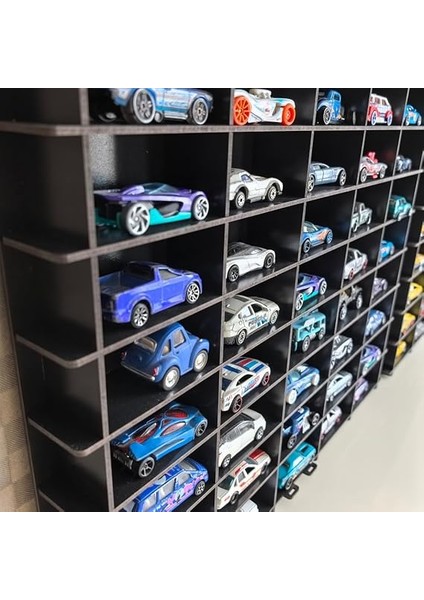 50 Araç Oyuncak Araba Rafı, 1:64 Ölçek Uyumlu Metal Oyuncak Araç Garaj Duvar Vitrini-Mavi indirimleri