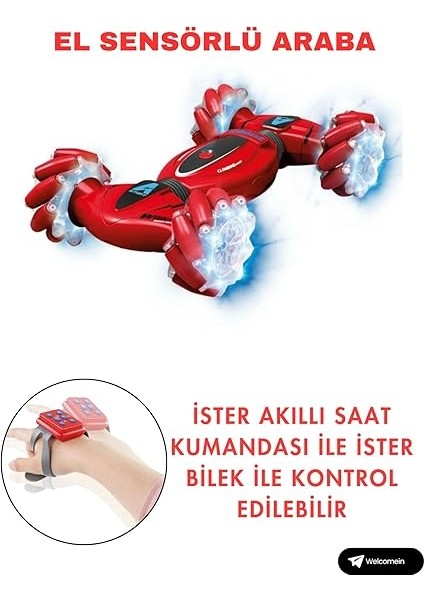 Kontrol ve Bilek Kumandalı Çift Kontrollü Şarjlı LED Işıklı Sesli ve Müzikli Drift Atan Akrobat Araba (Kırmızı) modelleri