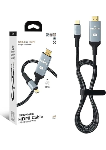 Wlue Type-C To 4K 30Hz Ultra Full Hd HDMI Usb-C Tak Çalıştır Görüntü Aktarım Kablosu 3 Metre Gold