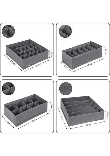 Iç Giyim Saklama Kutuları, Çekmece Organizatörü, Dolap Organizeri, Katlanabilir, Sütyen, Iç Çamaşırı, Çorap, Kravat Için Katlanır Kutu, Kumaş Kutu 4'lü Set Gri, RUS04GY modelleri