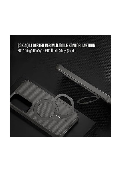 Samsung Karbon Fiber Materyal Stand Özellikli Lens Çerçeveli ve Sararmayan Güçlü Darbe Emici Premium Kılıf (Gümüş Rengi, Galaxy S25 Ultra) modelleri