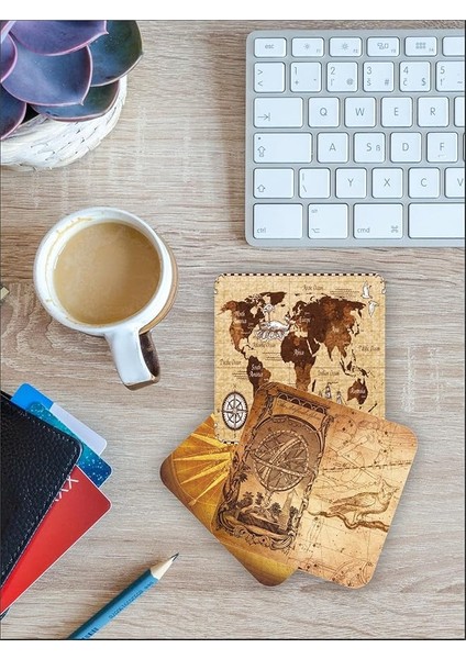 Dünya Haritası Temalı Ahşap Bardak Altlığı Ahşap Baskılı Altlık 6'lı Set (9 X9CM) KARBONNM13