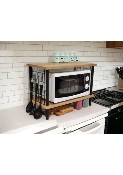 Yüksek Kalite Mutfak Rafı Mikrodalga Rafı Tezgah Üstü Raf Baharatlık 2 Raflı Düzenleyici Kancalı Safir Meşe fırsatları