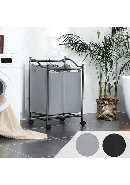 Çamaşır Ayırıcı, Tekerlekli ve 2 Bölmeli, Çamaşır Sepeti, Çıkarılabilir Çantalı Çamaşır Arabası, Toplam Kapasite 90 L, Gri, LSF002GS fiyatları