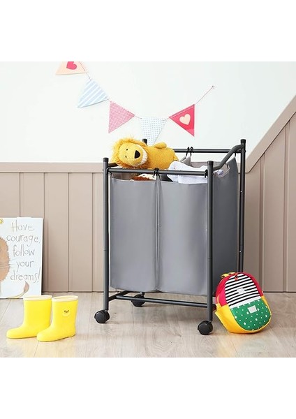 Çamaşır Ayırıcı, Tekerlekli ve 2 Bölmeli, Çamaşır Sepeti, Çıkarılabilir Çantalı Çamaşır Arabası, Toplam Kapasite 90 L, Gri, LSF002GS modelleri