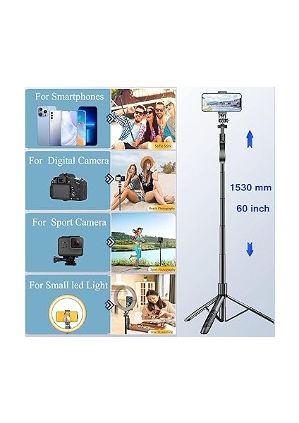 Bluetooth Uzaktan Kumandalı Selfie Çubuğu Tripod – 360° Döner, 150 cm Ayarlanabilir, Hafif Taşınabilir, iPhone ve Android Uyumlu, Vlog, Video, Seyahat Için fırsatları