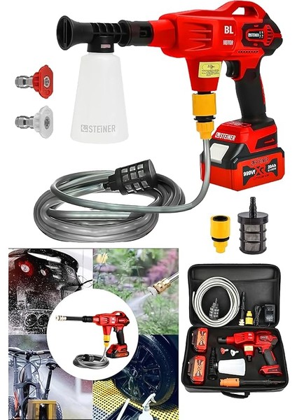 Alman 999 Vf 20 Ah 100 Bar Kömürsüz Şarjlı Oto Yıkama Makinesi Çift Akülü Bahçe Yıkama Makinası Kırmızı