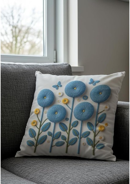 Mavi Çiçek ve Kelebek Desenli Dekoratif Kırlent Kılıfı, 43X43 Cm, 2'li Set, Fermuarlı fiyatları