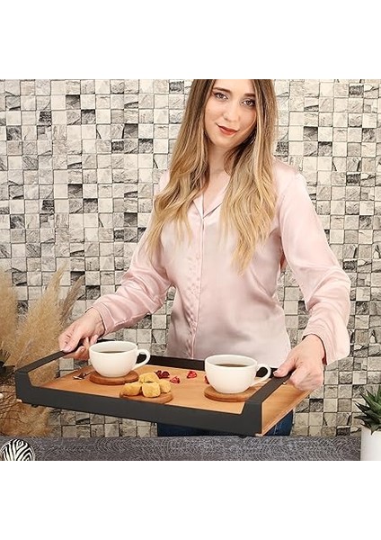 Büyük Ham Renk Servis ve Sunum Tepsisi, Metal Kulplu Ahşap Tepsi - 48,5X32 cm fırsatları