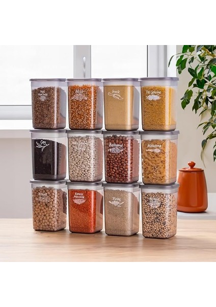 Porsima 431-GR 12 Li Çok Amaçlı Kapaklı Etiketli Gıda Erzak Bakliyat Saklama Kabı Seti 1.30 Lt - Gri