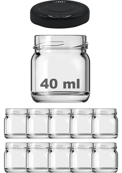 40 ml Metal Siyah Kapaklı Şeffaf Cam Kavanoz 10 Adet