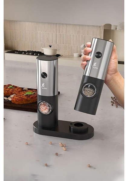 Olinda 2'li Standlı Pilli Tuz Karabiber Değirmeni Otomatik Baharat Öğütücü Siyah fiyatları