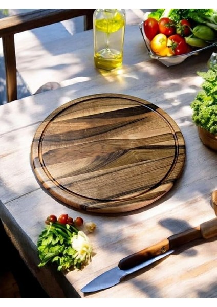 Woodart Ceviz Ağacı 34 cm Oluklu Yuvarlak Rustik Doğal Ahşap Kanallı Pizza Sunum Doğrama Kesme Tahtası