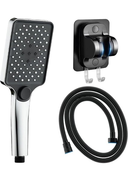 Aqua Kare Üç Fonksiyonlu Duş Başlığı, Yapışkanlı Duş Askısı ve Örgülü Duş Hortumu Seti