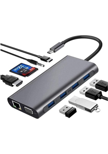 Type-C To HDMI Adaptör 11 In 1 Dört USB 3.0 Bağlantı Noktası 4K HDMI VGA Type C Pd Usb3.0 RJ45 Ethernet Sd Tf Kart Okuyucu 3.5mm Aux MacBook Pro Air Uyumlu