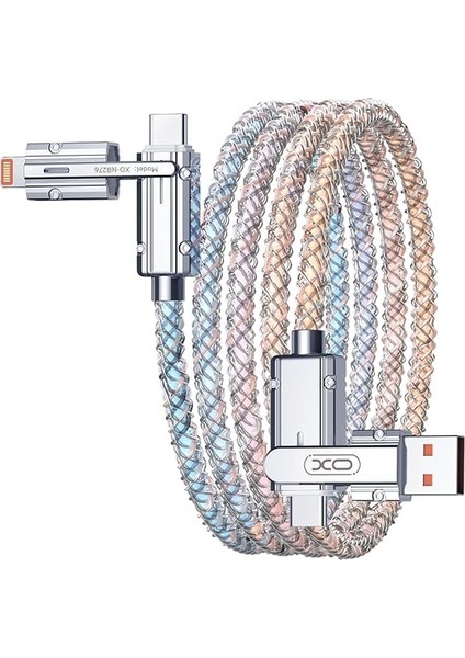 4'ü 1 Arada 60W Type-C Lightning Şarj ve Data Kablosu, 100 Cm, Rgb, Özel Çinko Alaşım, Deri Organizer, 4 Başlıklı, Yüksek Hızlı Veri Aktarımı, NB276, Şeffaf