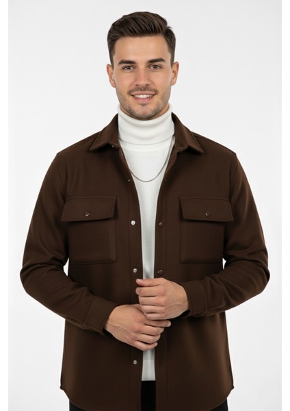 Erkek Koyu Kahve Dar Kesim Cepleri Kapaklı Çıtçıtlı Ince Kaşe Ceket Mont 2500559