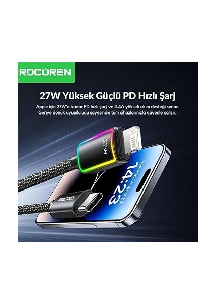 27W Type-C To Lightning Rgb Aydınlatmalı Örgülü Şarj ve Data Kablosu 1 Metre fiyatları