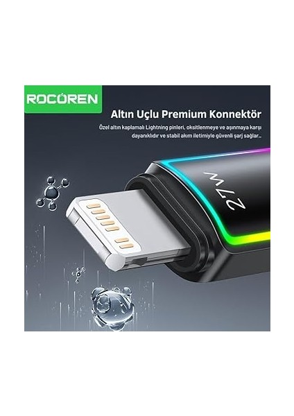 27W Type-C To Lightning Rgb Aydınlatmalı Örgülü Şarj ve Data Kablosu 1 Metre modelleri