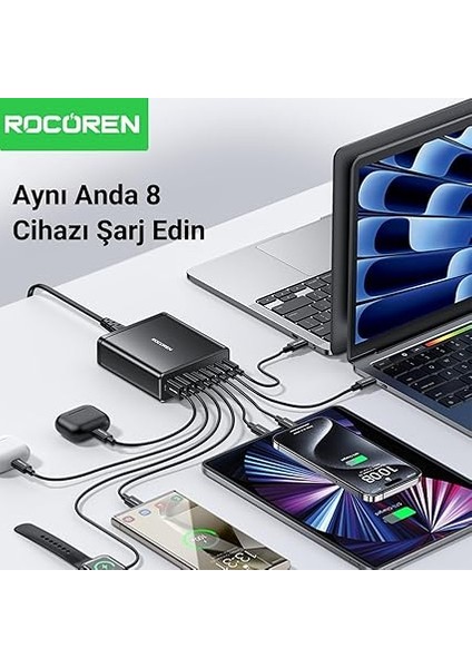185W 8 Portlu Gan Şarj Cihazı 5*type-C 3*usb-A Notebook iPhone Samsung Uyumlu Şarj Istasyonu fiyatları