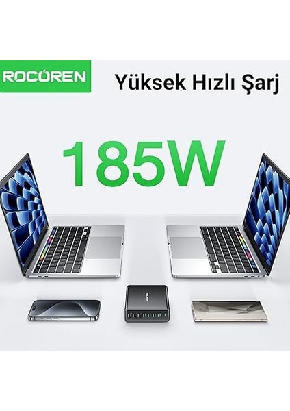 185W 8 Portlu Gan Şarj Cihazı 5*type-C 3*usb-A Notebook iPhone Samsung Uyumlu Şarj Istasyonu modelleri
