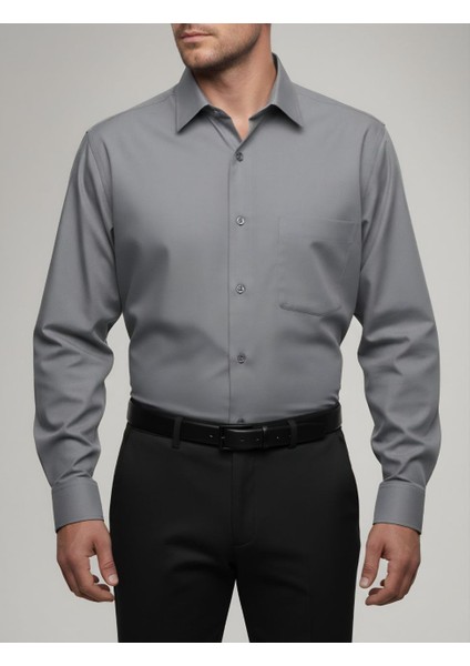 Klasik Fit Geniş Kesim Tek Cepli Kolay Ütülenebilen Mevsimlik Uzun Kollu Düz Renk Erkek Gömlek
