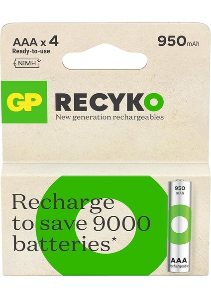 Batteries Recyko 950 Aaa Ince Kalem Ni-Mh Şarjlı Pil, 1.2 Volt, 4'lü Kart